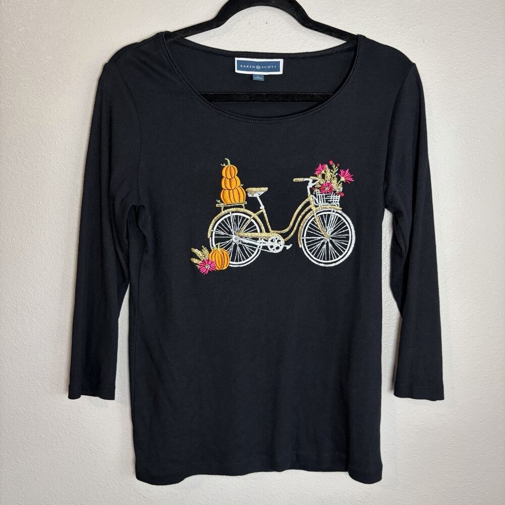 Karen Scott Fall Pumpkin Top Womens Black Sz Small Embroider 3/4 Sleeve Bicycle